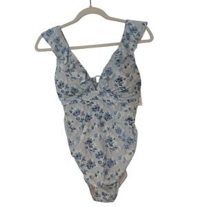 NWT A Pea in the Pod Ruffled Maternity Floral Swimsuit Light Blue Size XS